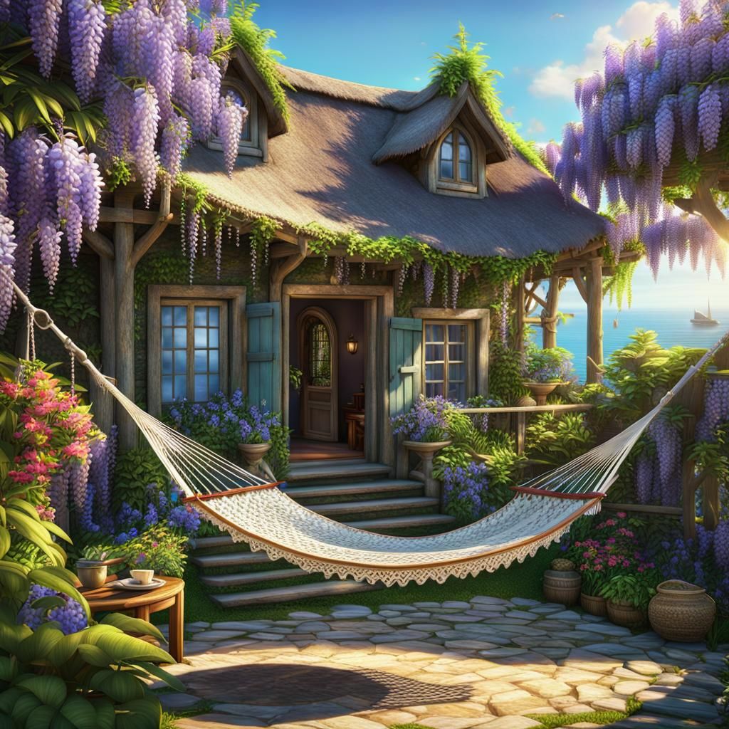 Wisteria cottage with a beautifully knitted hammock