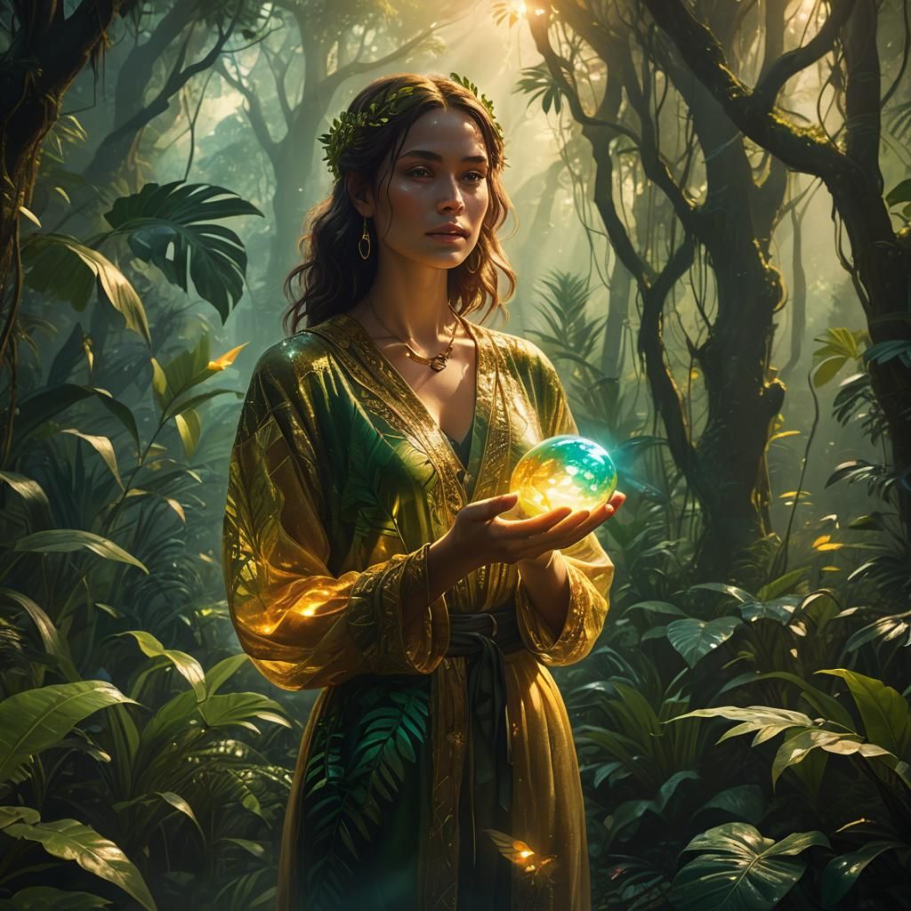 Glowing Woman with Pebble in Dreamlike Jungle