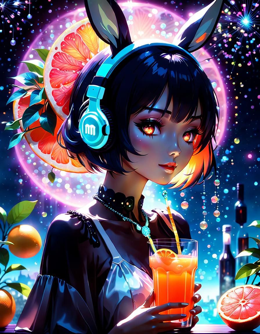 Anime Girl's Surreal Grapefruit Dreamscape, Digital Art