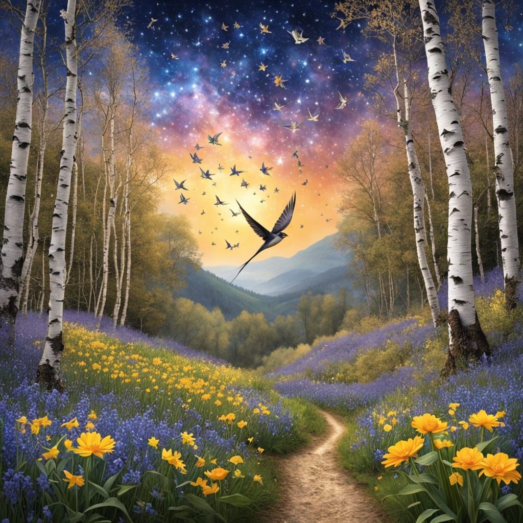 Enchanting Swallow and Star Landscape in Cyberpunk Aesthetic