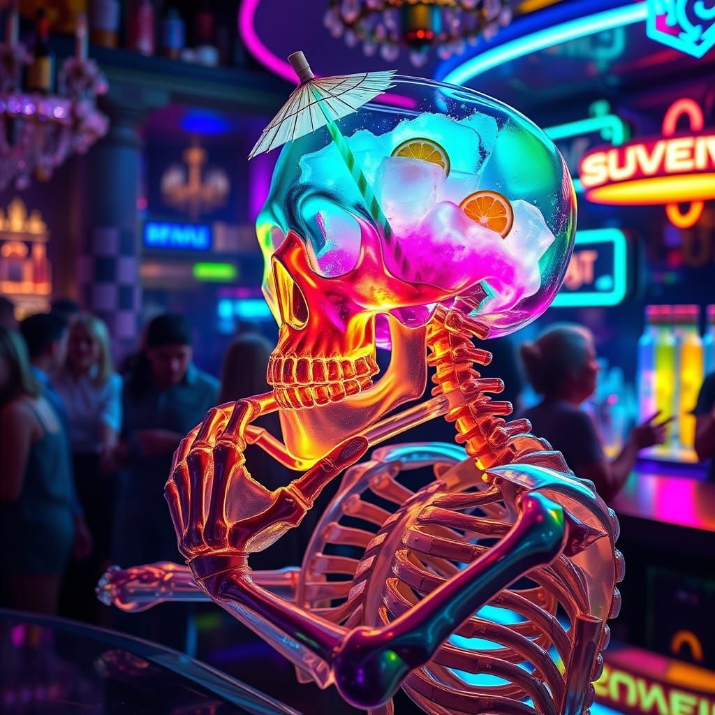Crystal Skeleton at Neon Bar with Glowing Cocktail