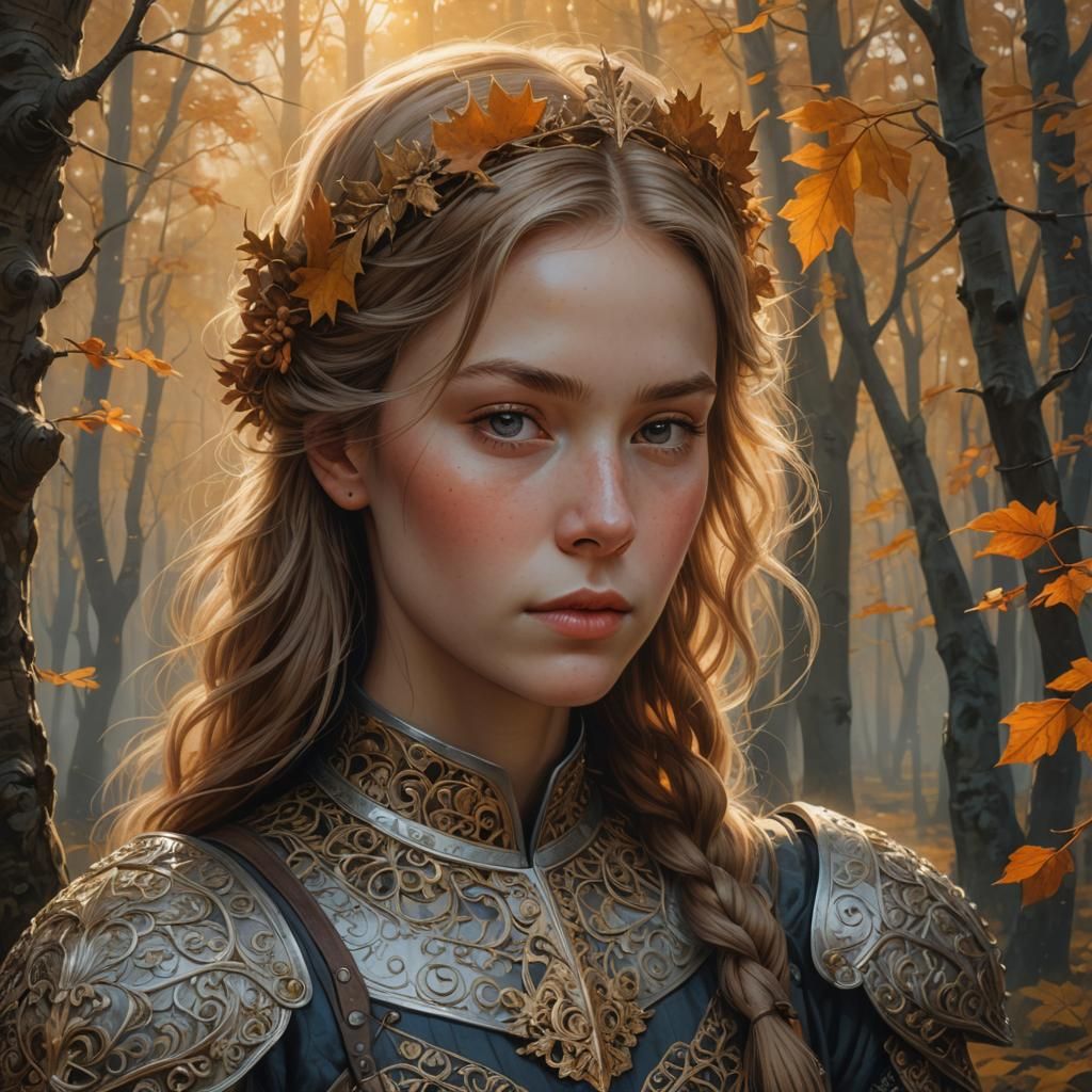 Young Woman and Knight in Autumn Forest