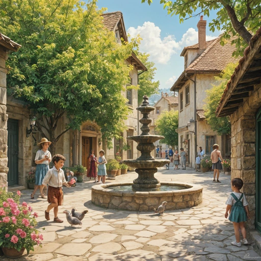 Stone Fountain in Village Square, Art Nouveau Style