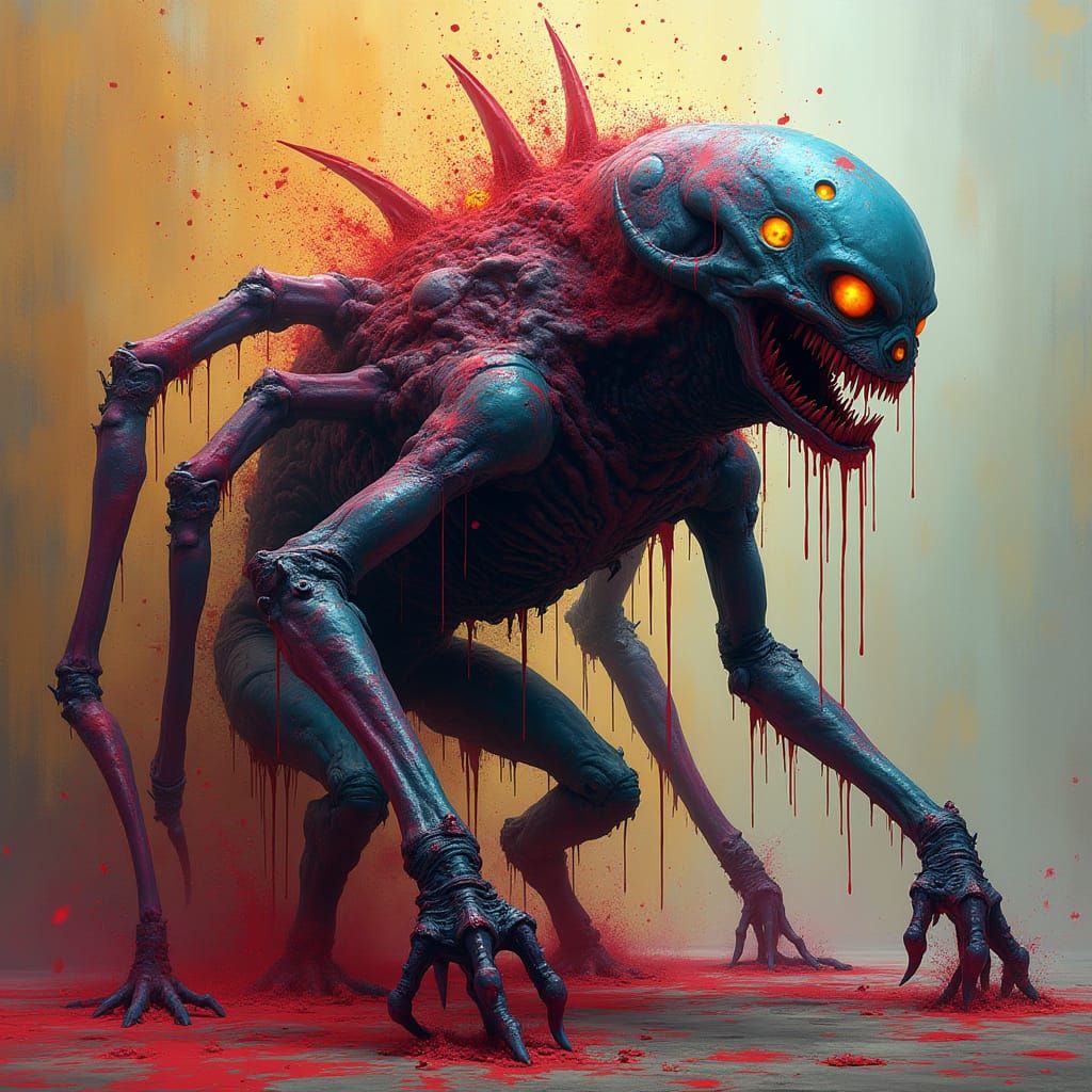 Monstrous Rainbow Creature in Biomechanical Horror Style