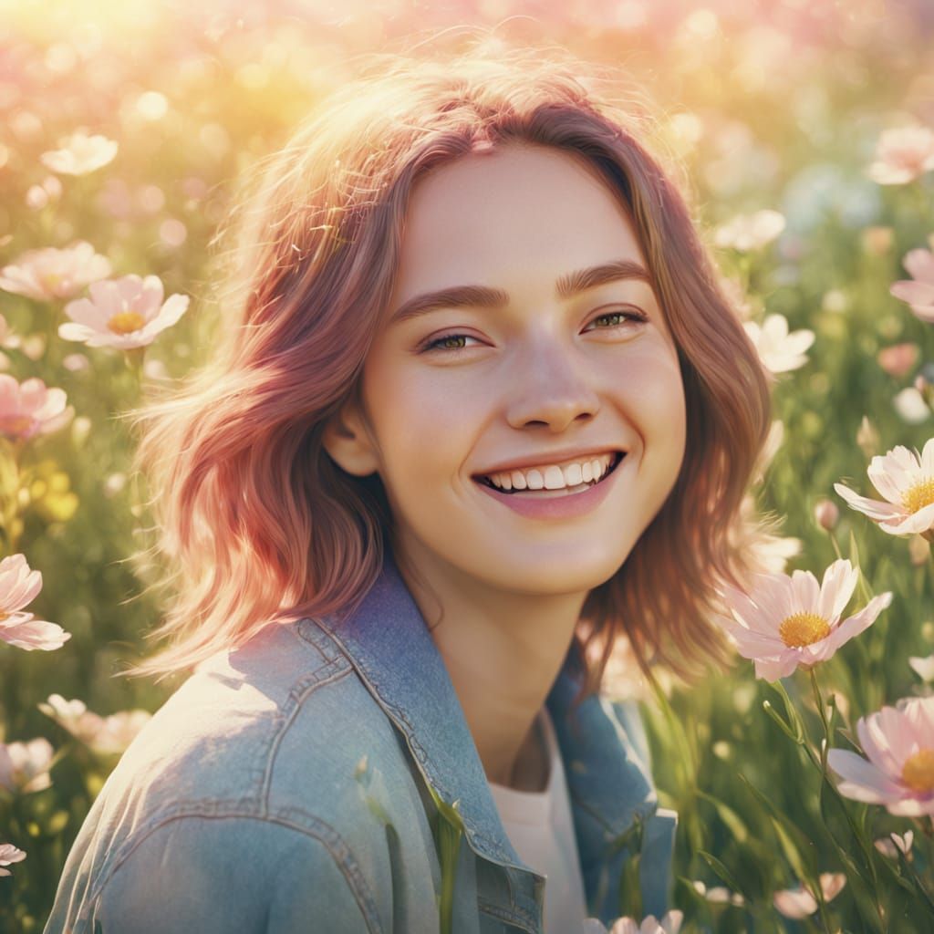 Smiling Person Surrounded by Flowers in Sunny Meadow
