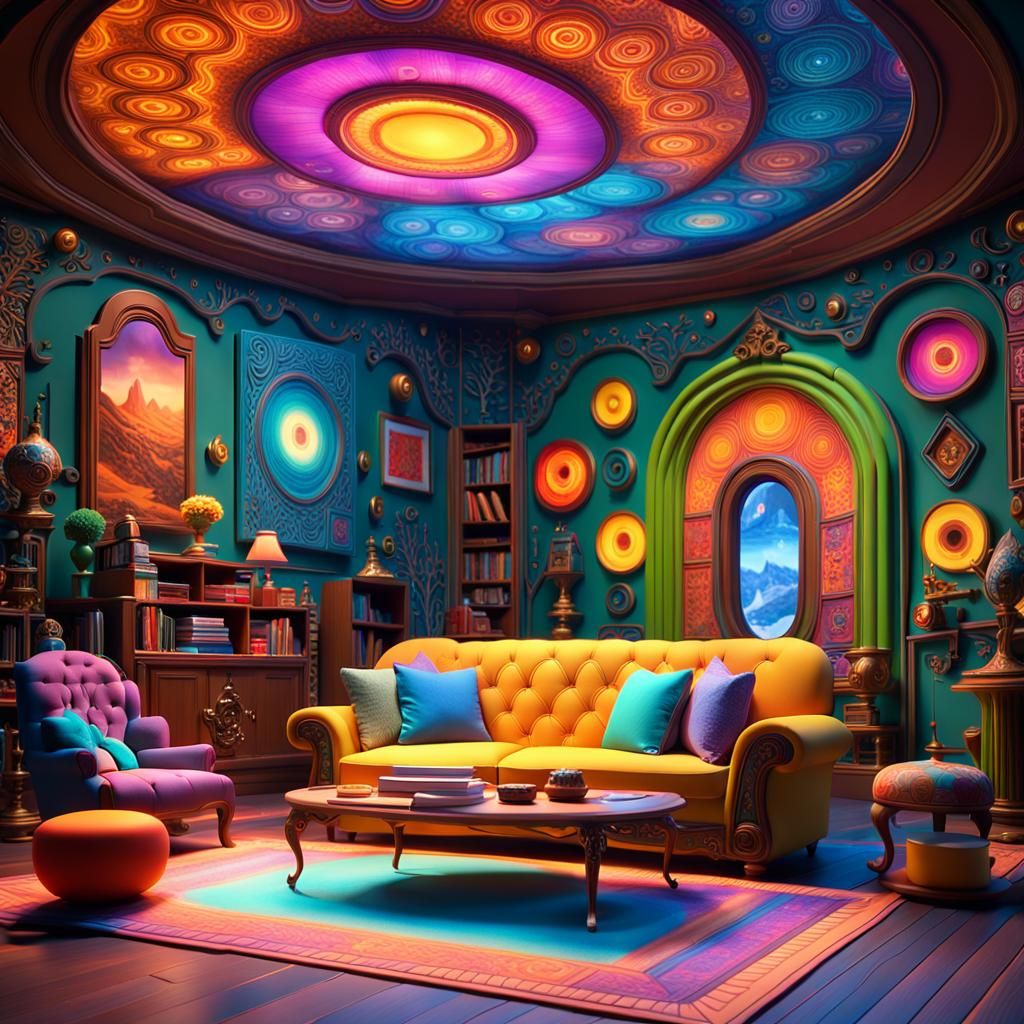 3D living room diorama set within an oversized novel