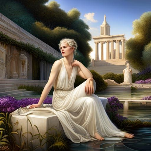 Ancient Greek Goddess in Temple Fountain