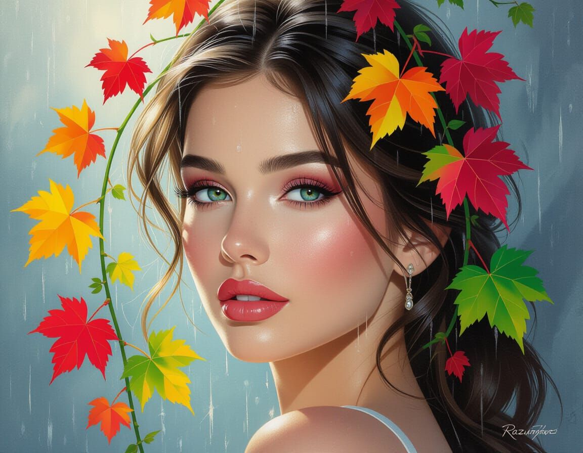 Vibrant Red-Green Leaves in Rain, Diamond Painting Style