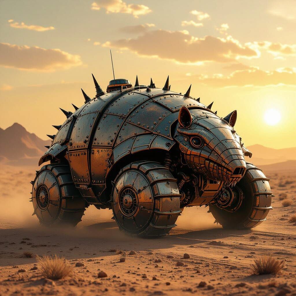 Steampunk Armadillo Tank in Arid Landscape