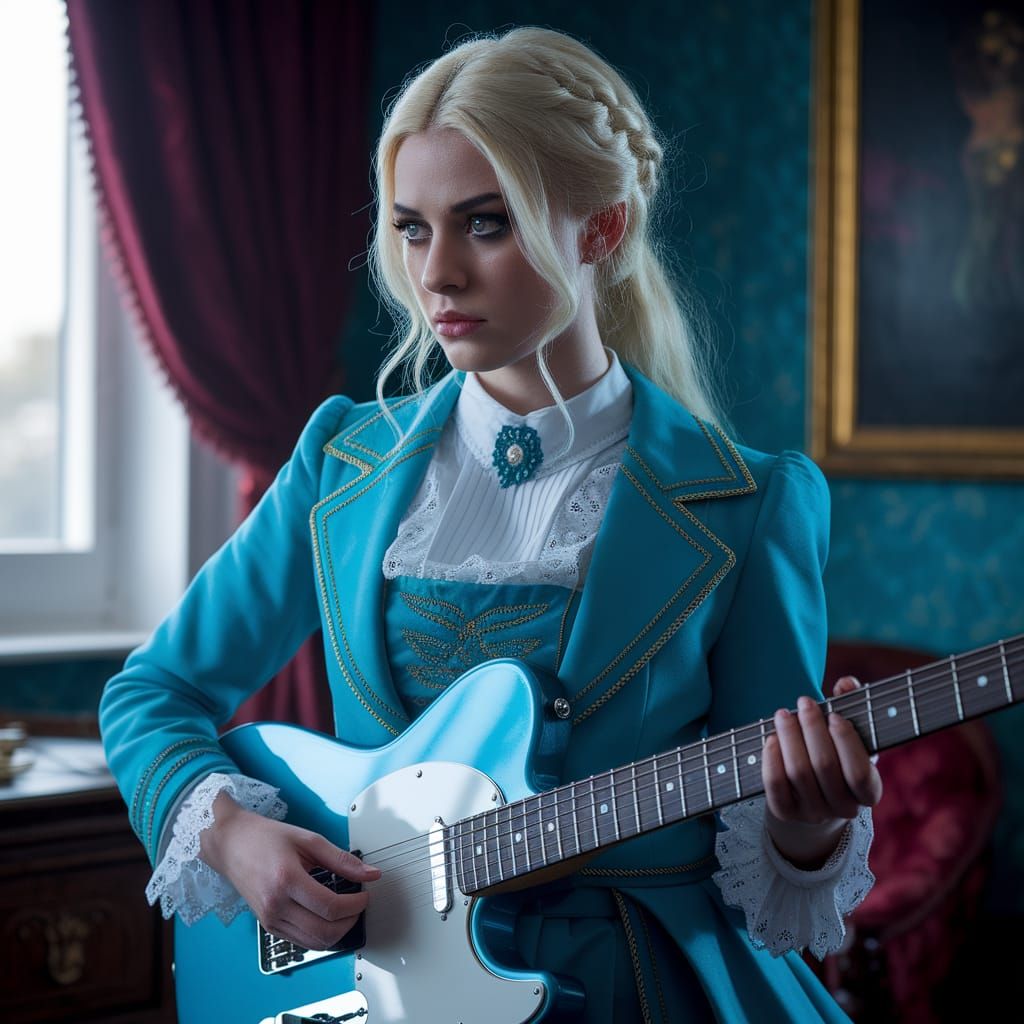 Turquoise Guitar Portrait in Hyperrealistic Style