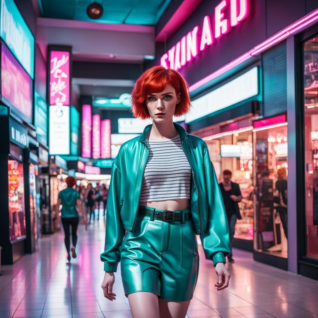 Redhead in Synthwave Mall: Pixie Cut and Barefoot