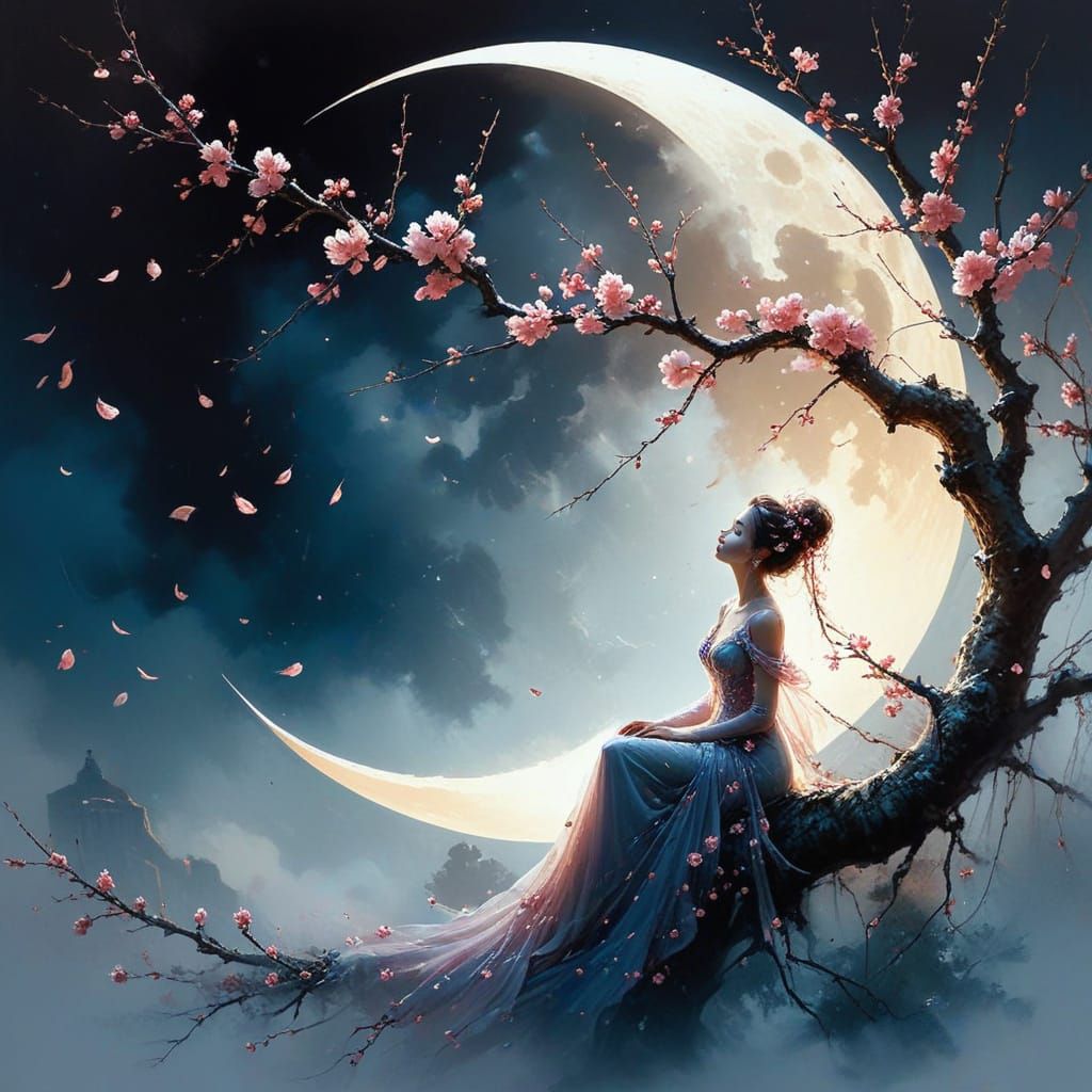 Serene Cherry Blossom Moonlit Scene