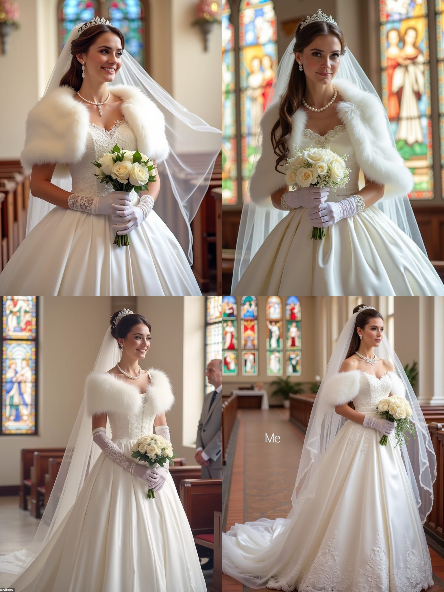 Bride in White Satin Tulle Wedding Dress