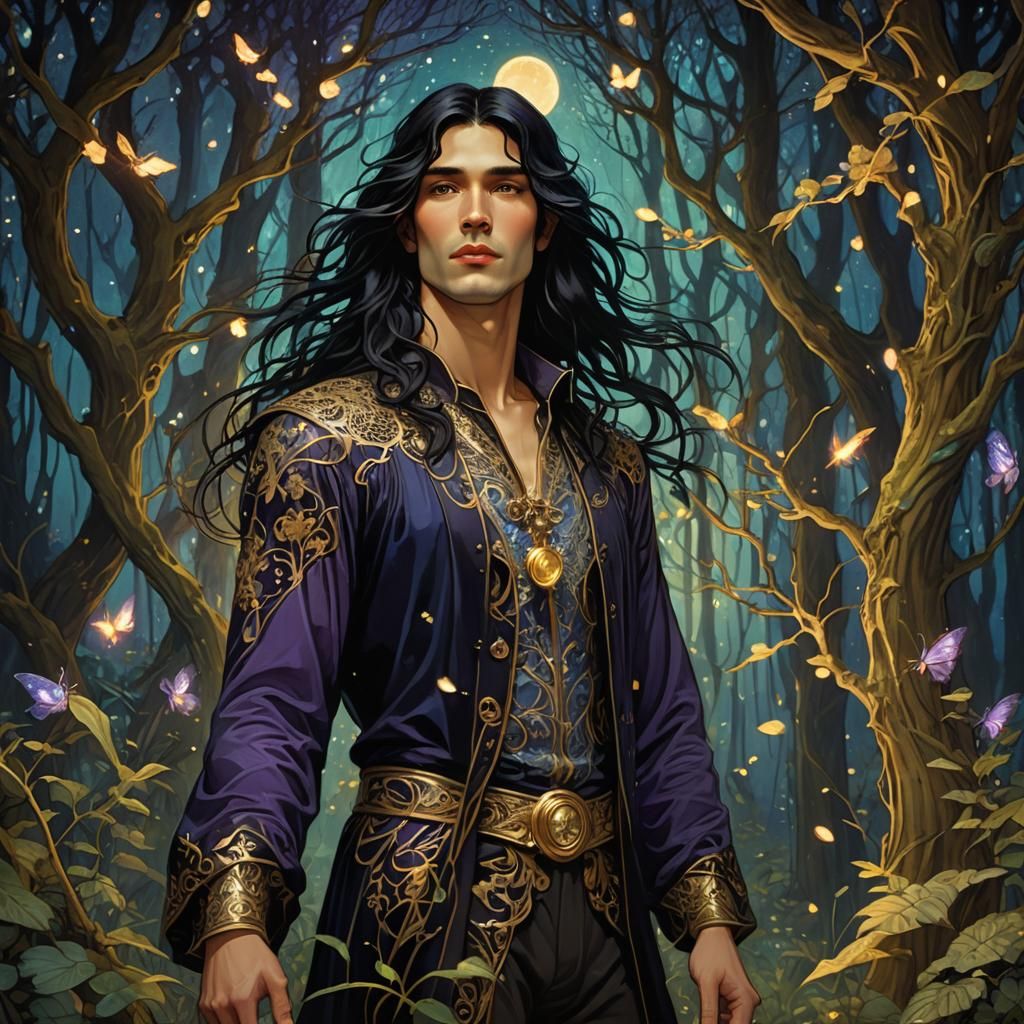 Art Nouveau Man in Mystical Forest at Night