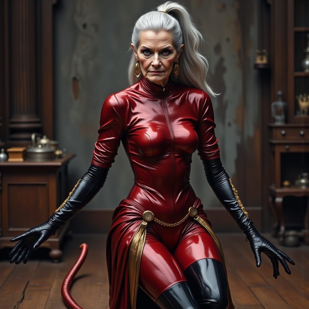 Elegant Elderly Woman in Metallic Catsuit Dancing