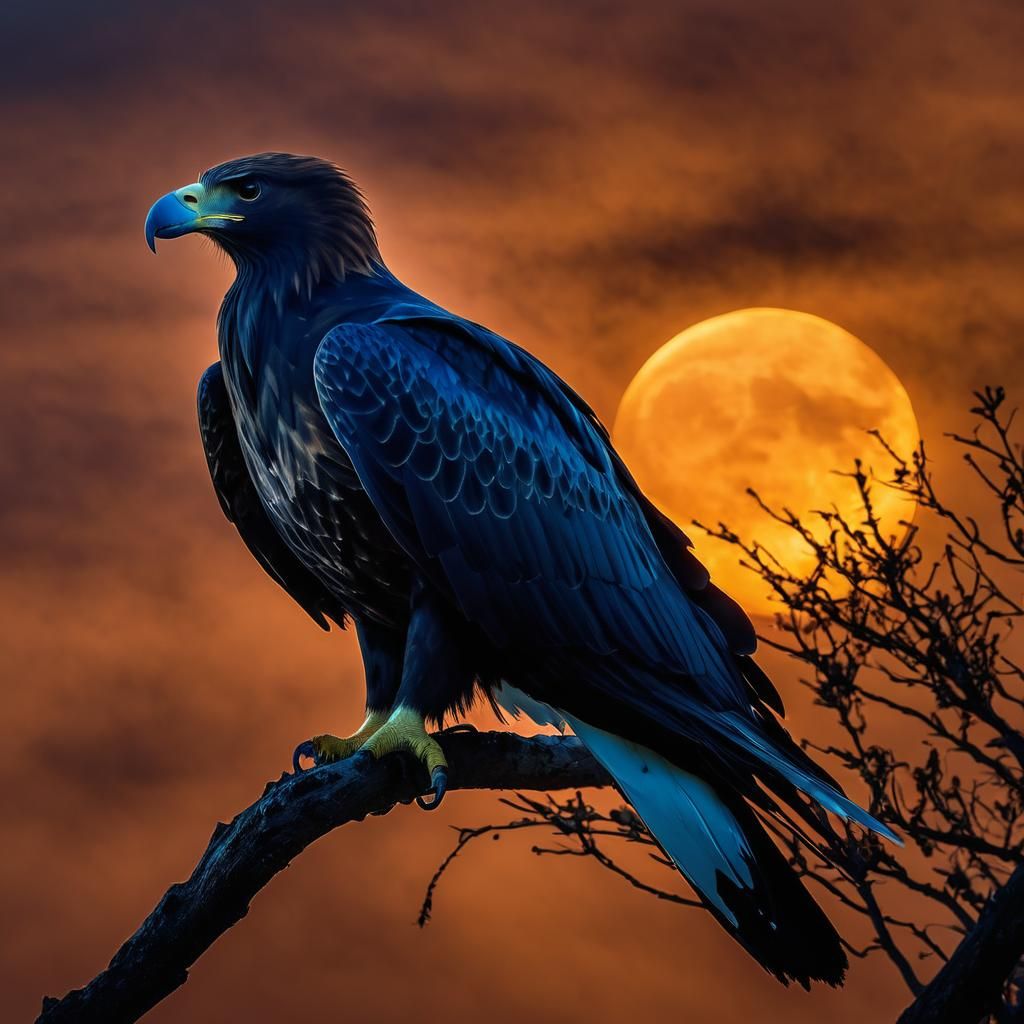 Bioluminescent Eagle Silhouette and Rising Moon