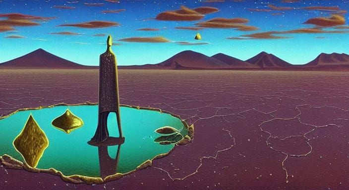 Surreal Alien Desert with Mirror Shards and Silver-Dressed W...