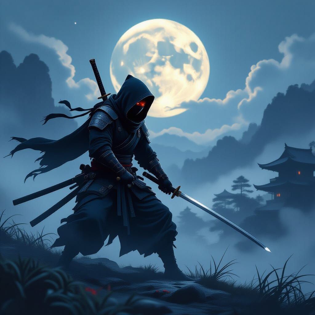 Ninja Warrior in Moonlit Landscape, Digital Art