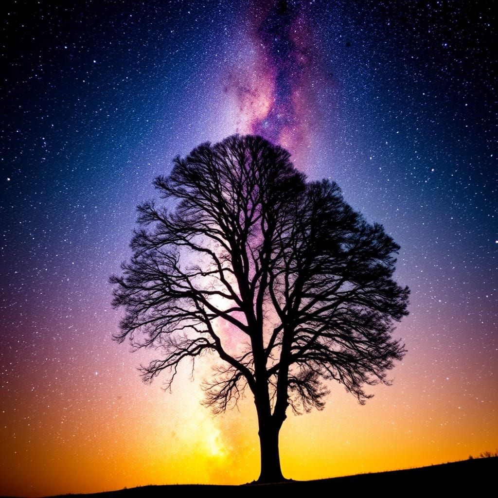 Surreal Tree Merges with Starry Galaxy Sky