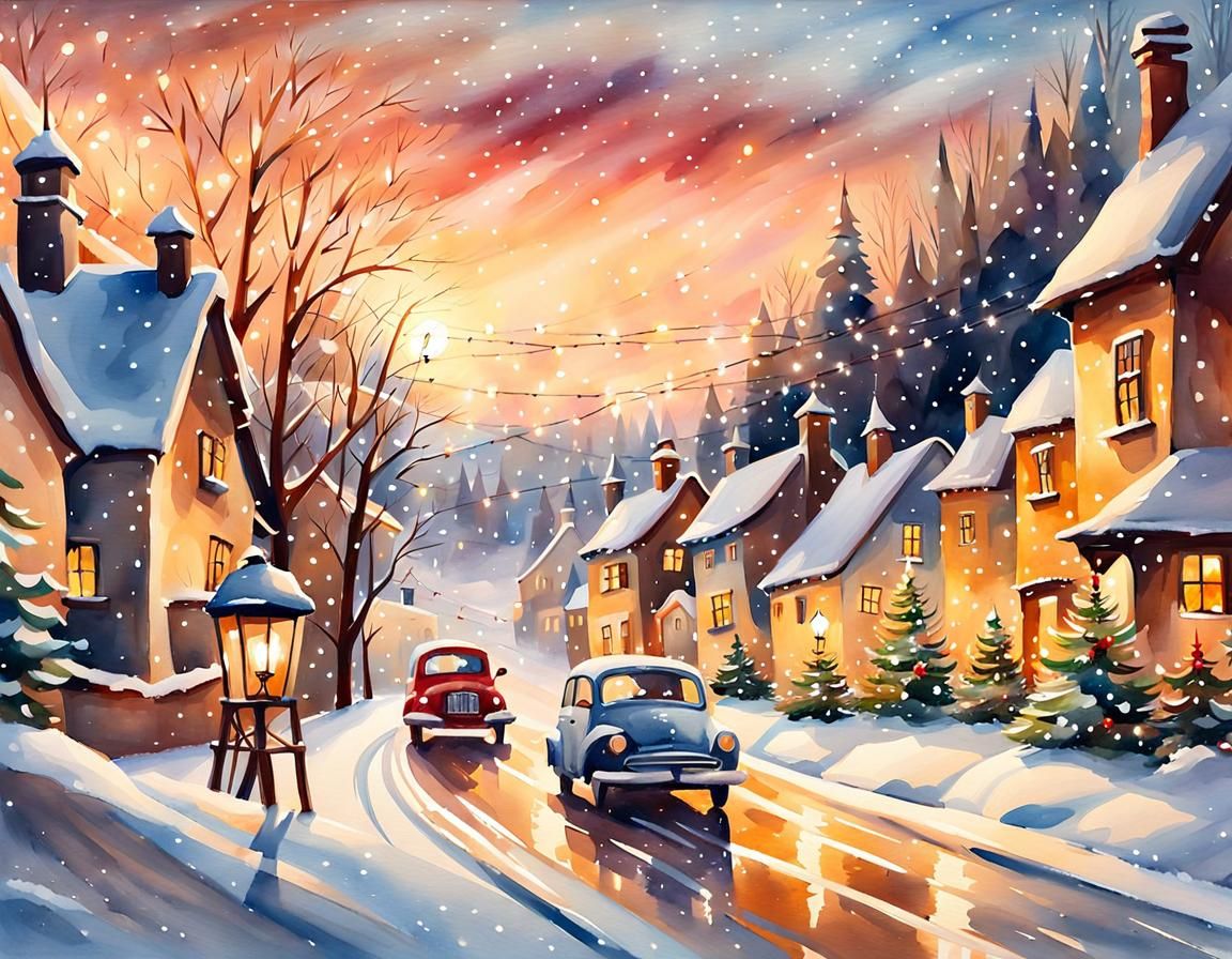 Cozy Christmas Drive in Watercolor Style