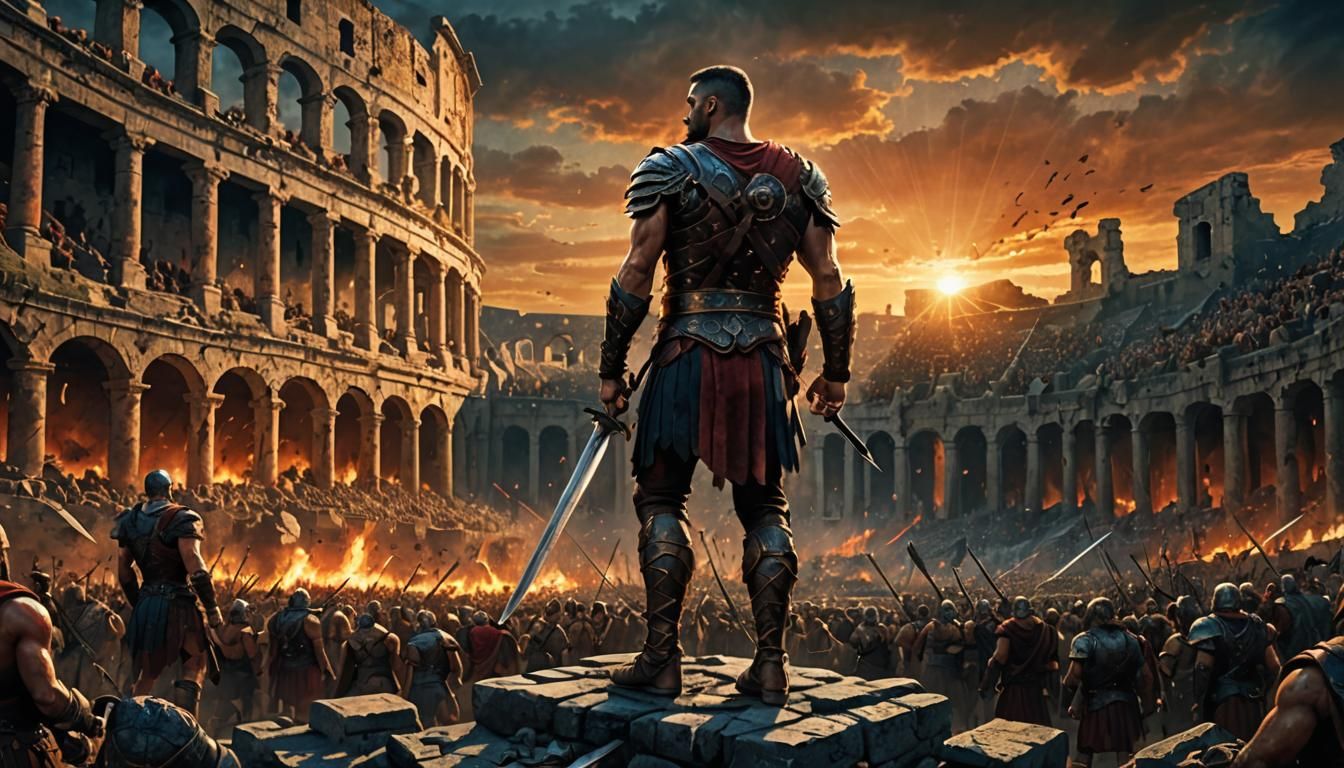 Spartacus Victorious in Burning Arena: Epic Fantasy Art