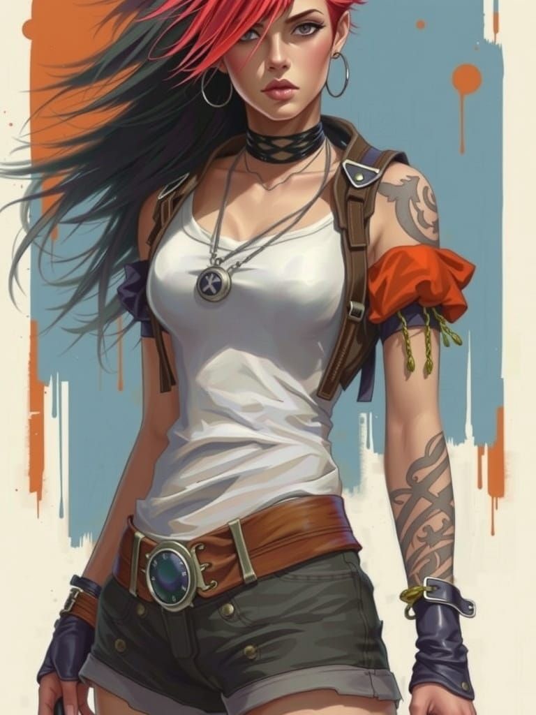 Punk Warrior with Windswept Hair, Comic Book Style