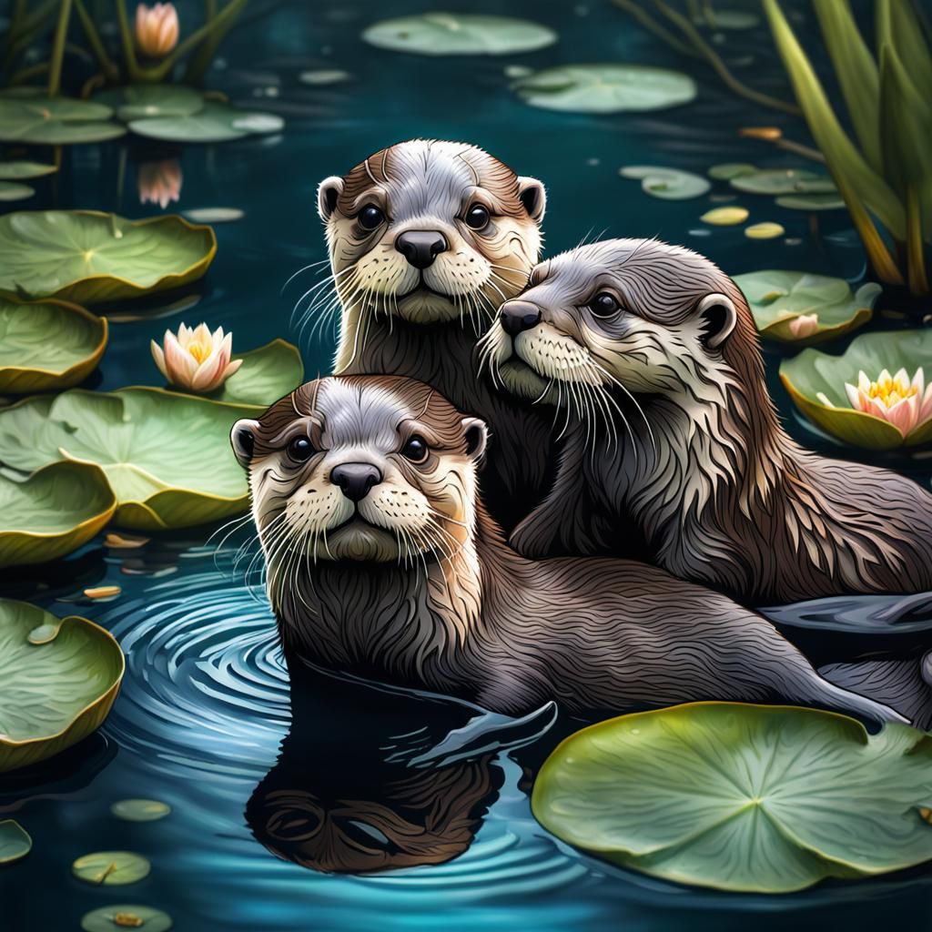 Baby Otters Playing: Hyperrealistic Digital Painting