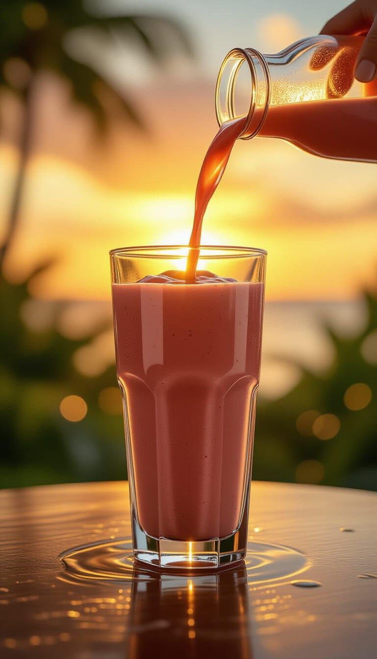 Vibrant Tropical Smoothie Pours at Sunset