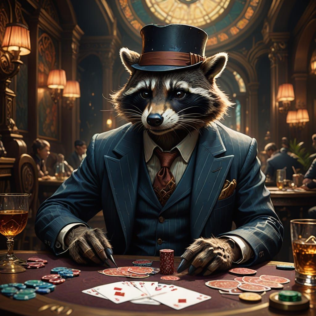 Raccoon Card Dealer in Smoky Speakeasy, Art Nouveau Style