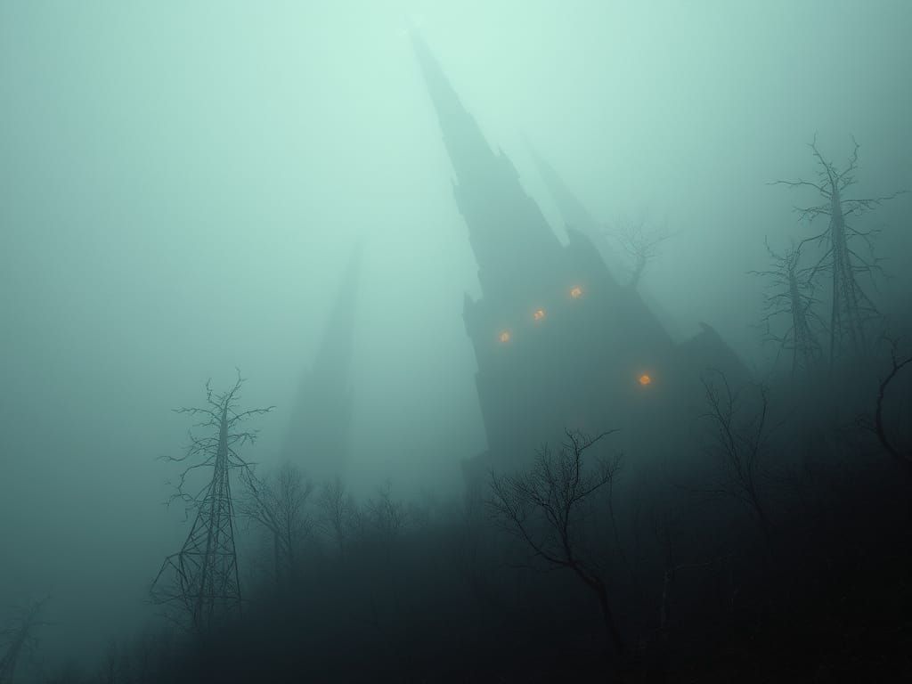 Eerie Horror Landscape with Digital Glitch Art Elements