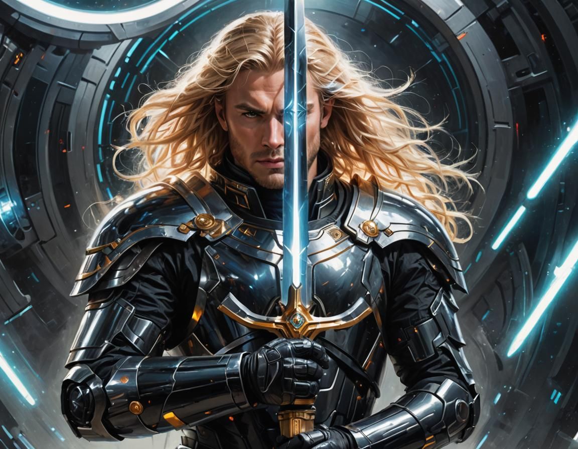 Futuristic Hero Gripping Plasma Sword in Armor