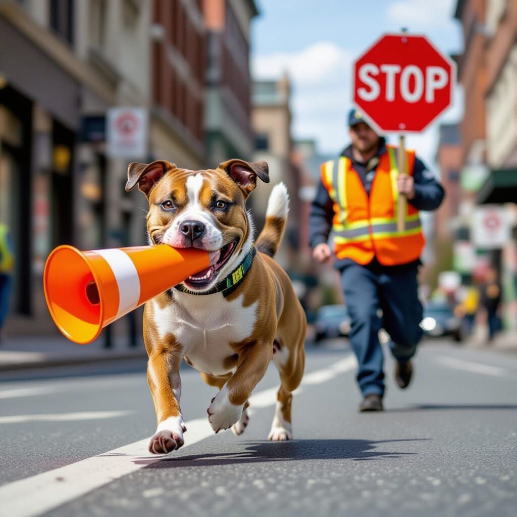 Staffy Dog Steals Traffic Cone, Controller Chases in Abstrac...