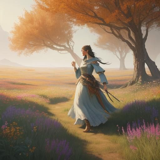Maiden in Wildflower Meadow: Ethereal Matte Painting