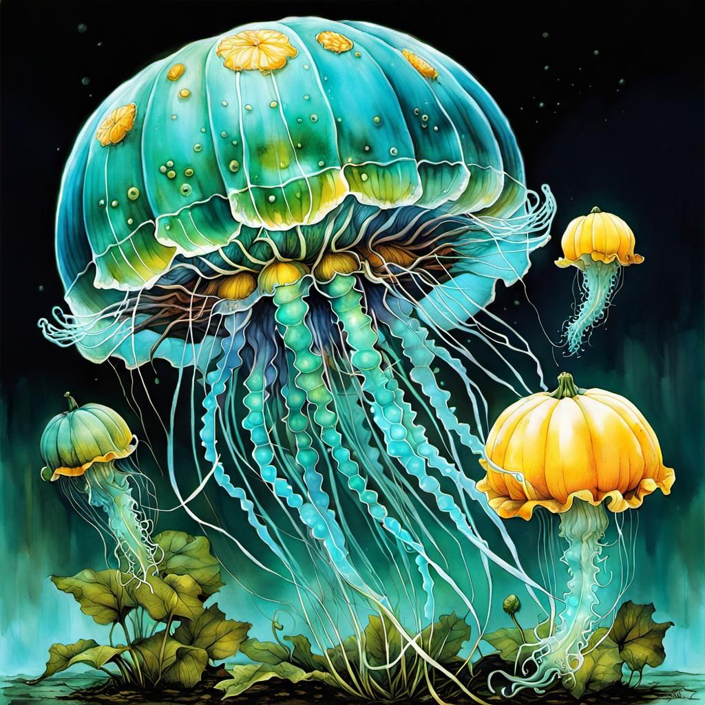 Biopunk Squash Jellyfish Garden in Alcohol Ink Style