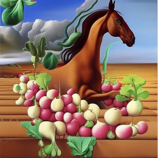 Surreal Horse Surrounded by Radishes, Dali Style