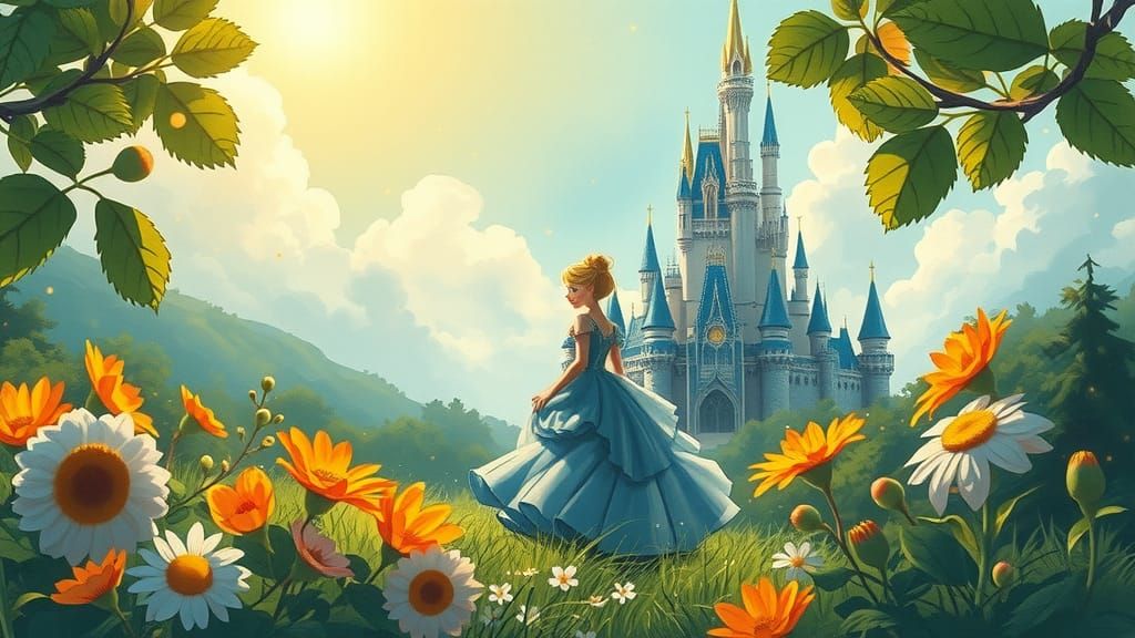 Whimsical Princess in Meadow with Cinderella Castle