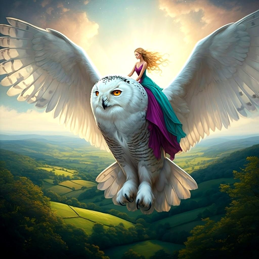 Ethereal Snow Owl Soars with Majestic Beauty in Vibrant Aqua...