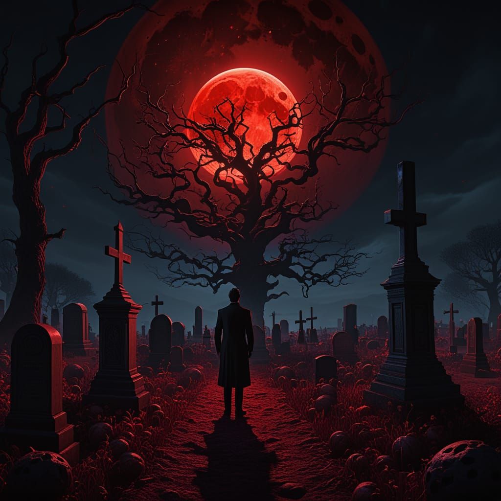 H.P. Lovecraft in Graveyard with Eldritch Entities Under Blo...