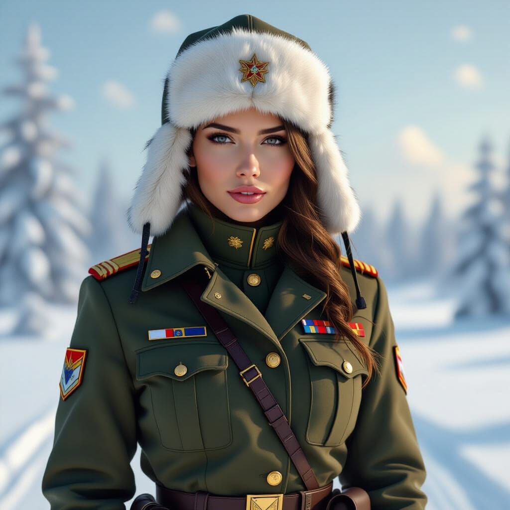 Proud Russian Soldier in Snowy Landscape
