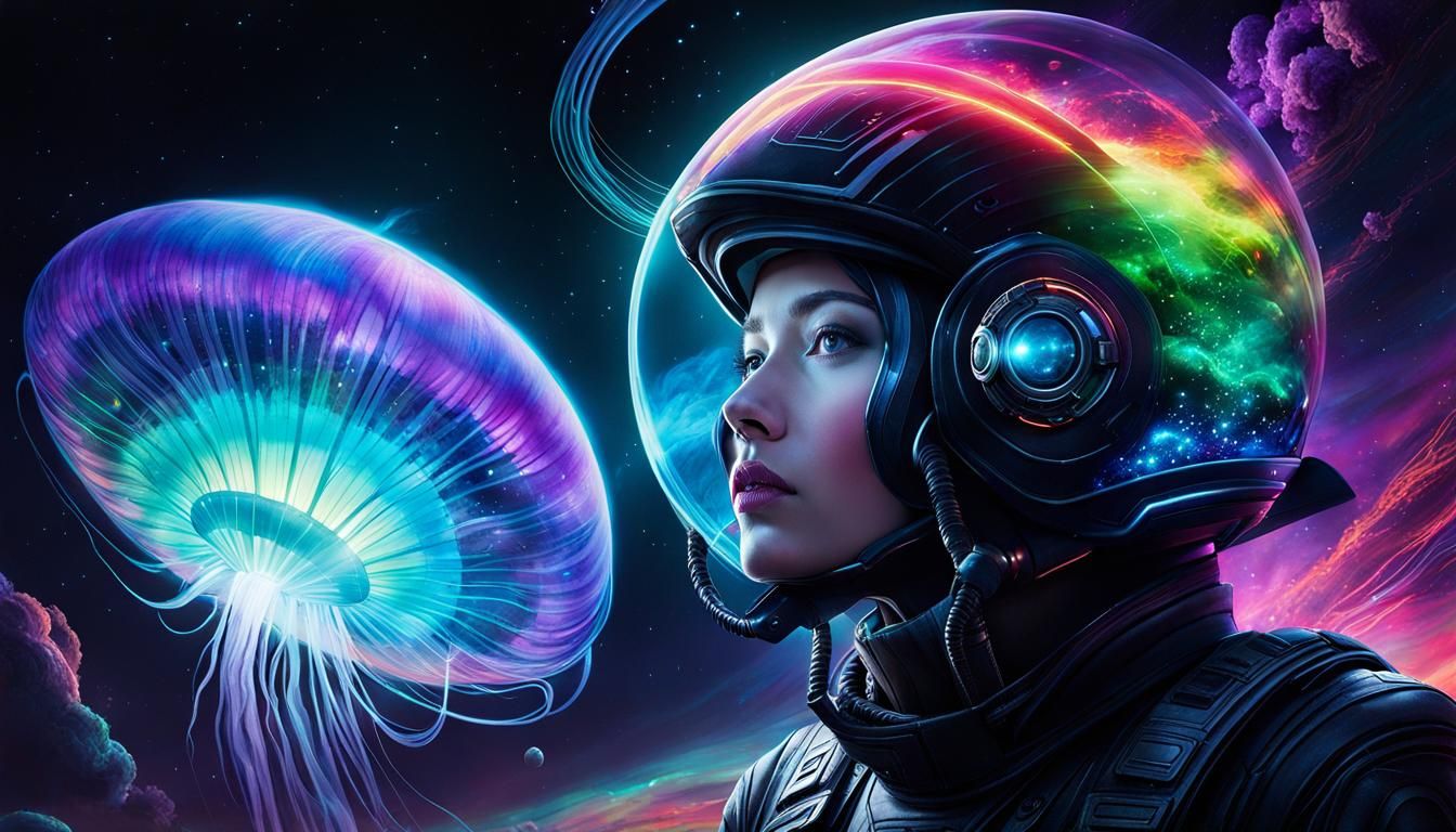 Bioluminescent Spaceship Over Alien Planet in Black Light St...