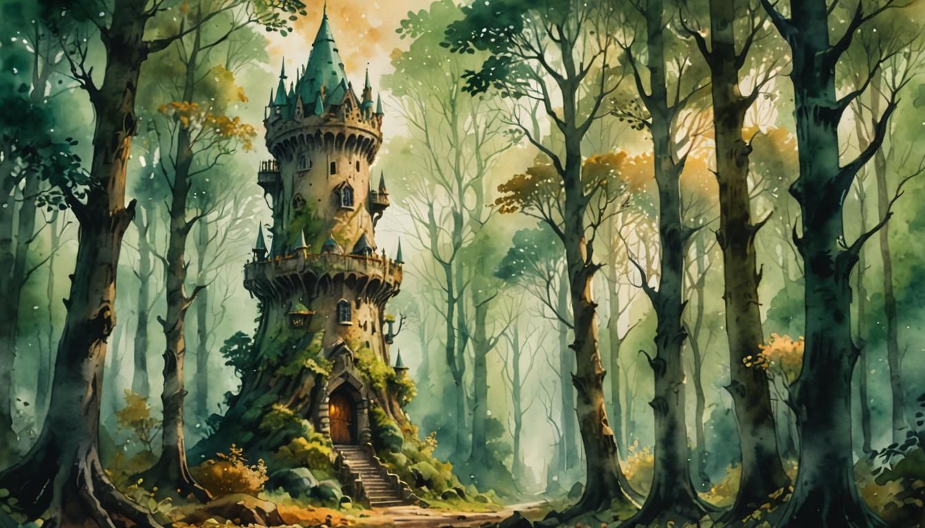 Watercolor Wizard's Tower in Forest Concept Art