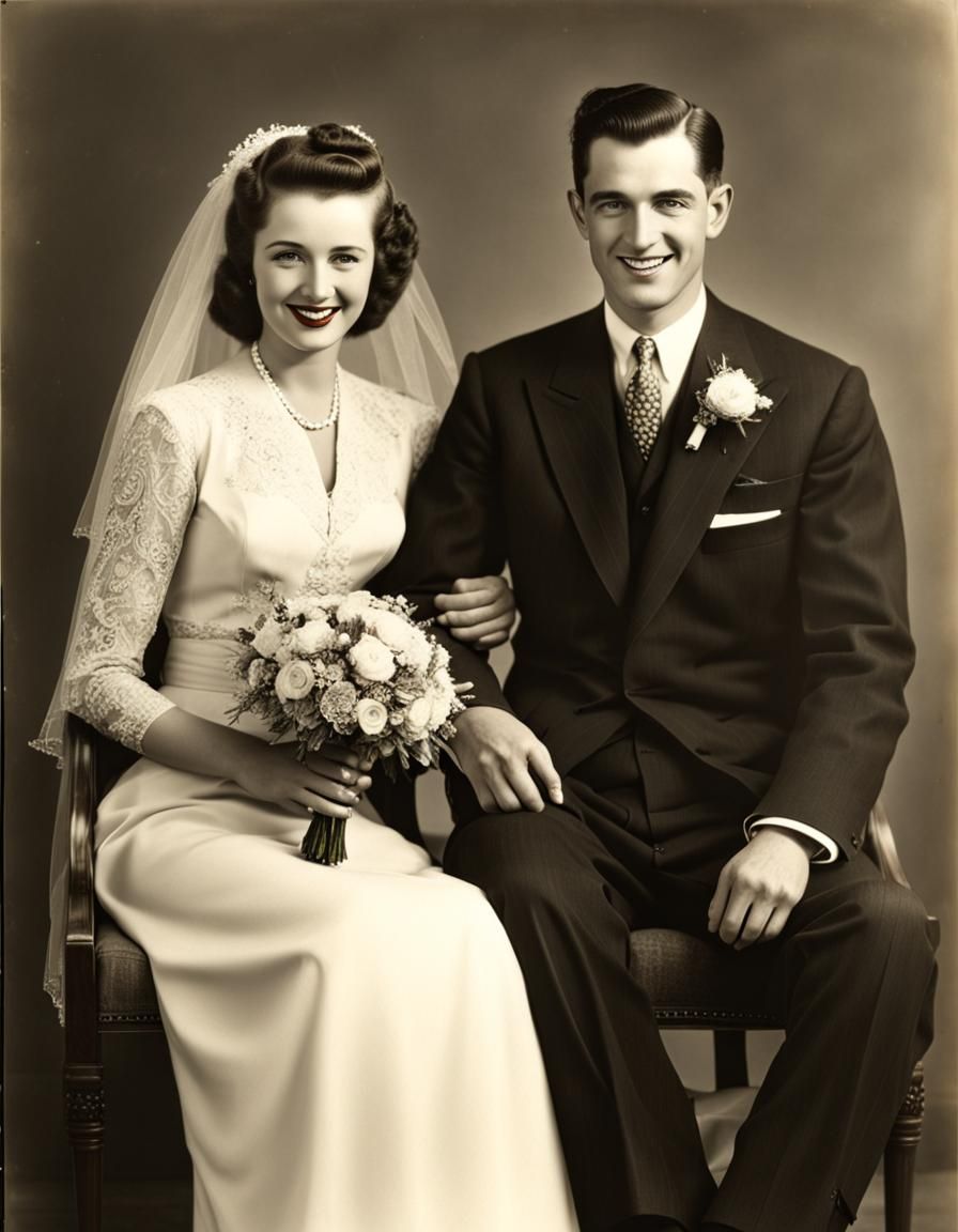 Simple ceremony happy faces happy married couple young love 1940's