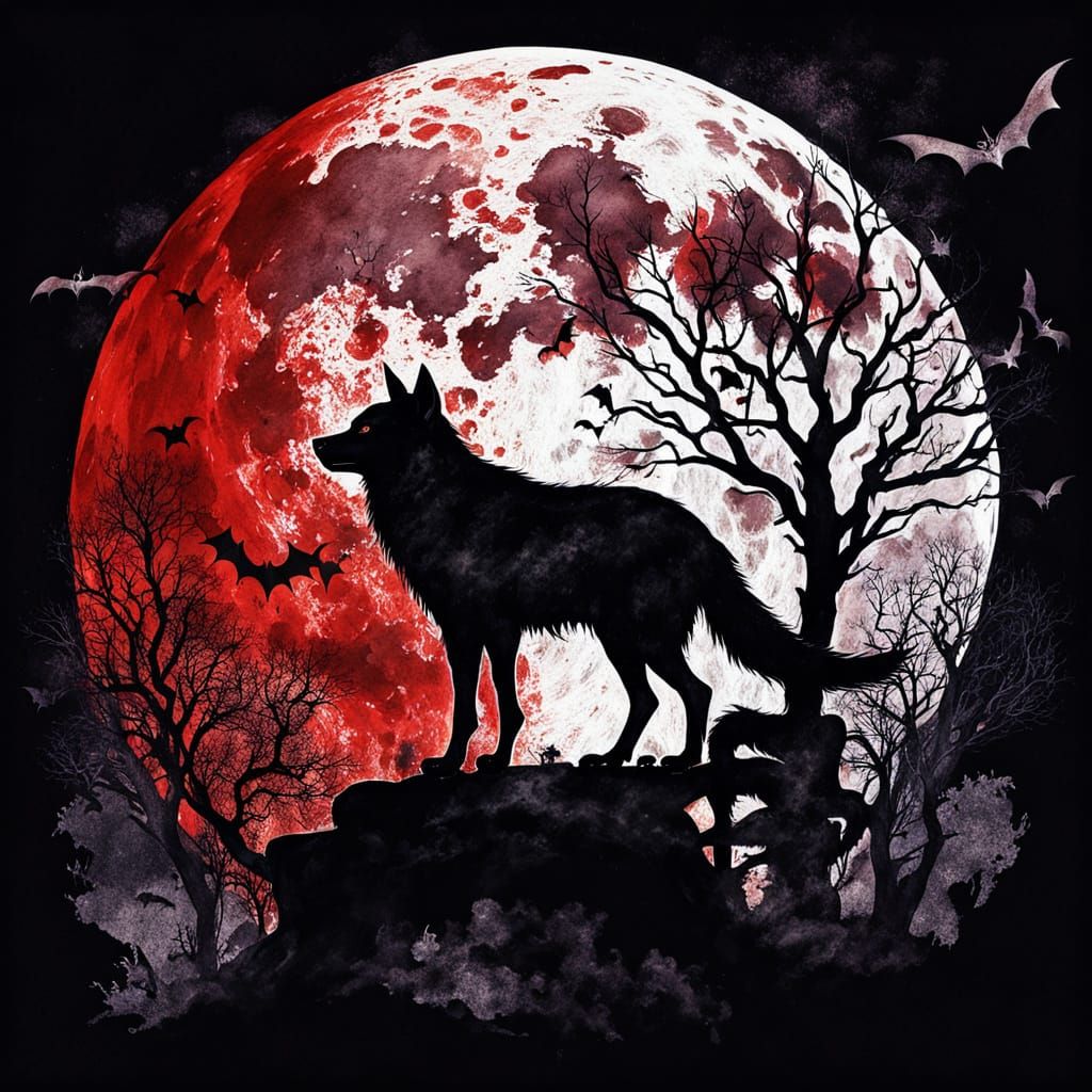 Eerie Creatures in Full Moon Silhouette, Ink Drawing