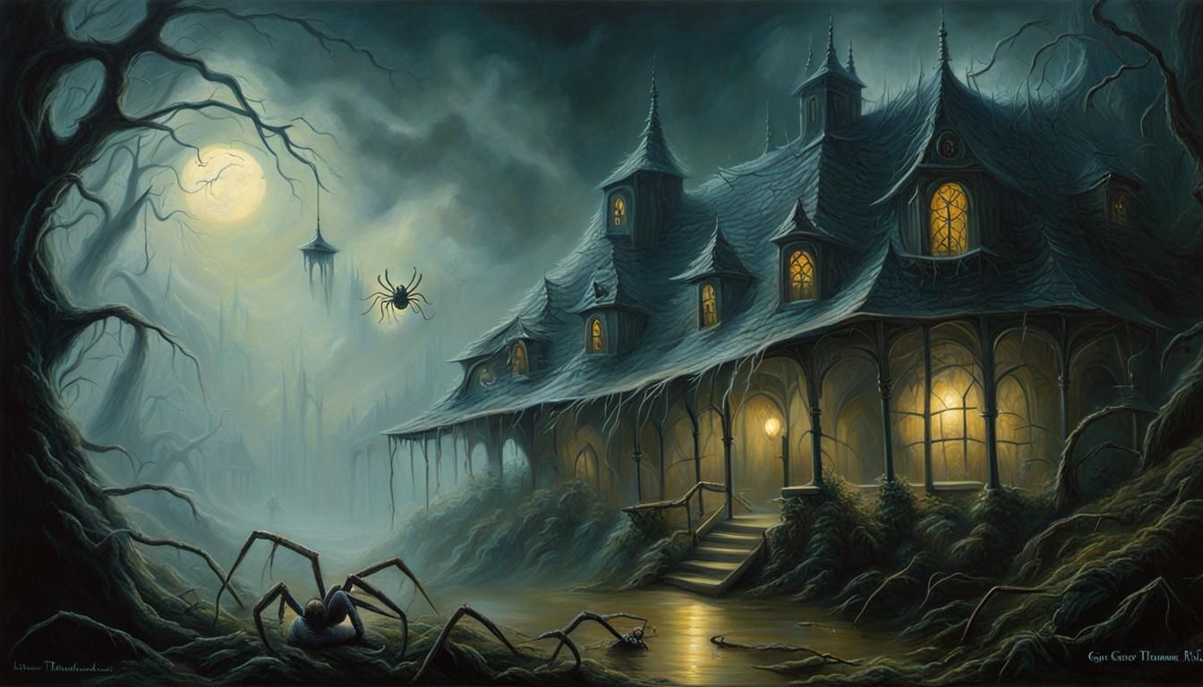 Ethereal House Spider: Oil Painting in Fantasy Mist