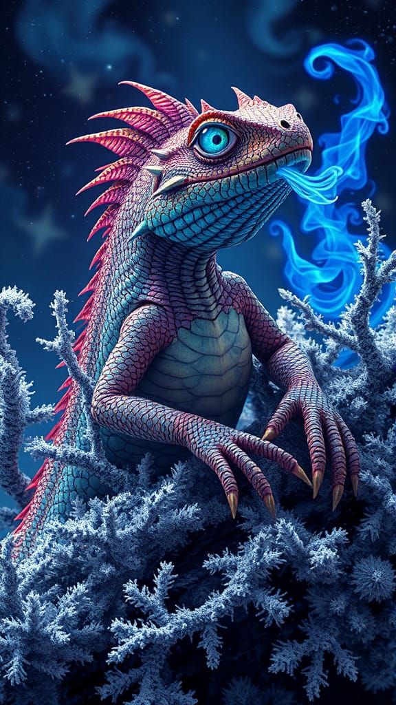 Mythical Lizard with Eyes that Shine Blue and it Breathes Bl...