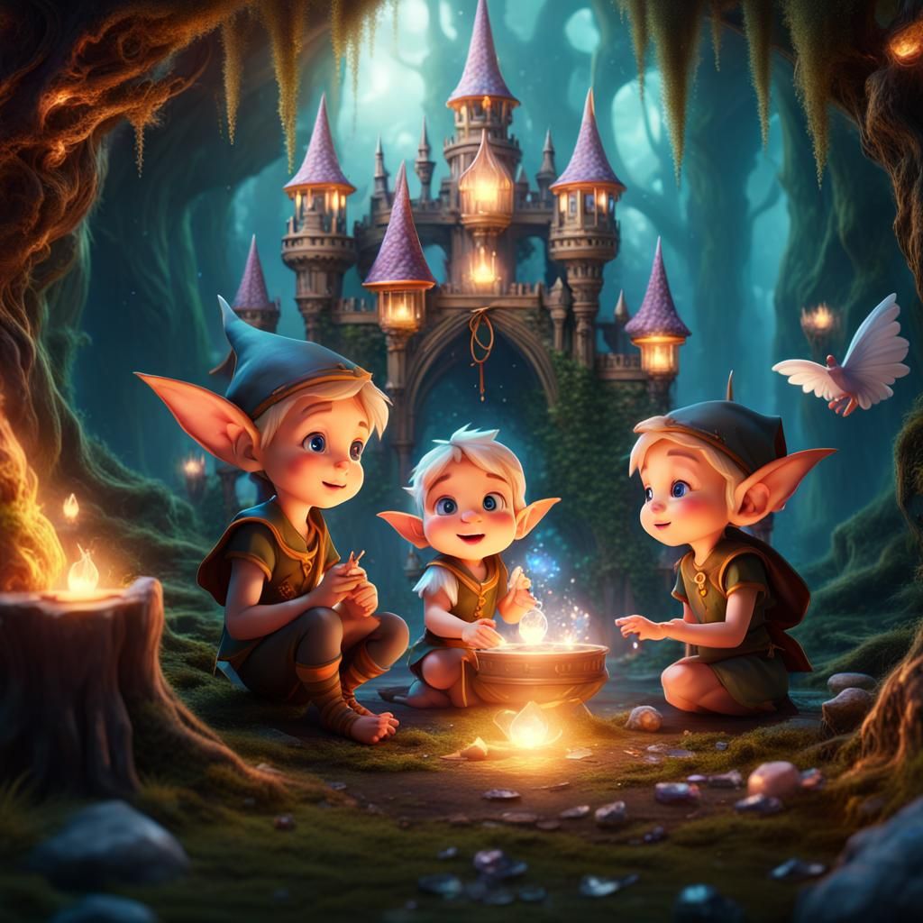 Enchanted Elves Chanting Spells in Forest Castle