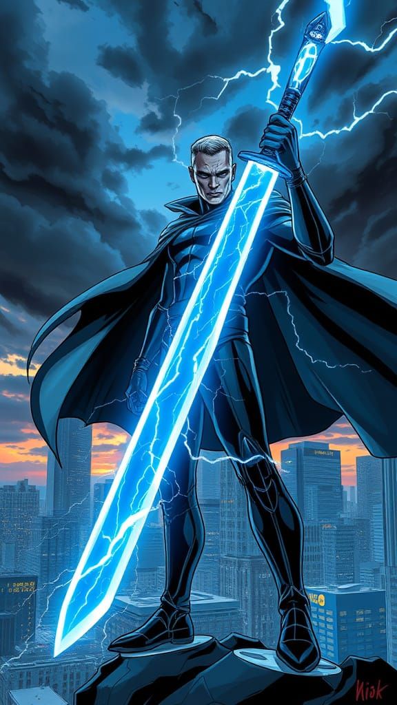 Heroic Figure Wields Electric Blue Lightning Sword in Stormy...