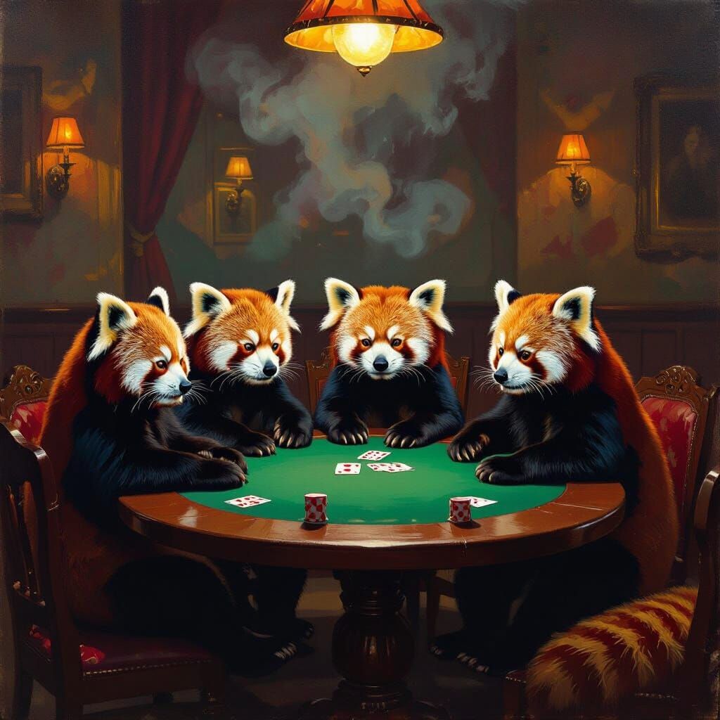 Red Pandas Play Poker in Dramatic Gouache Masterpiece