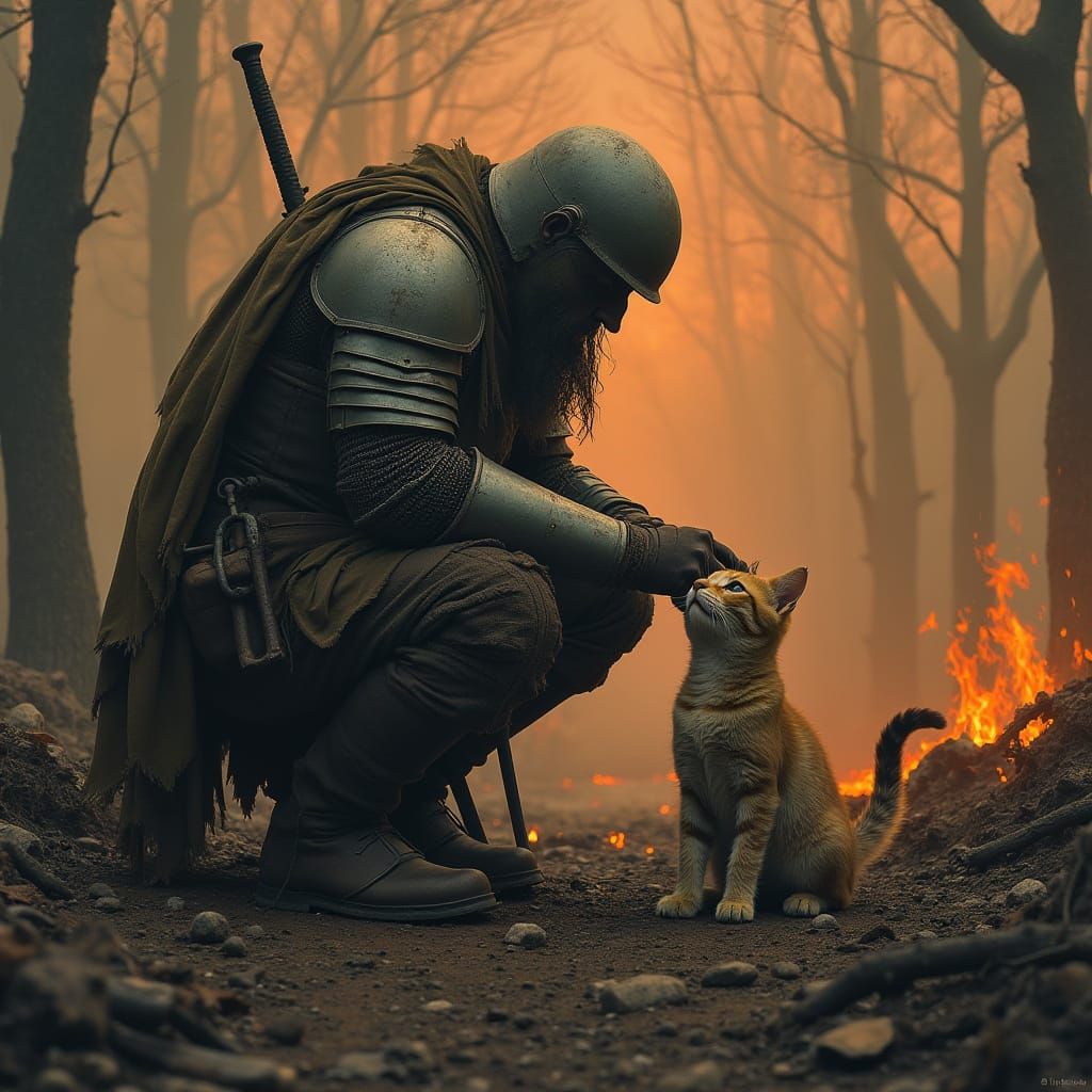 Soldier and Kitten in Burned Forest - Dystopian Art