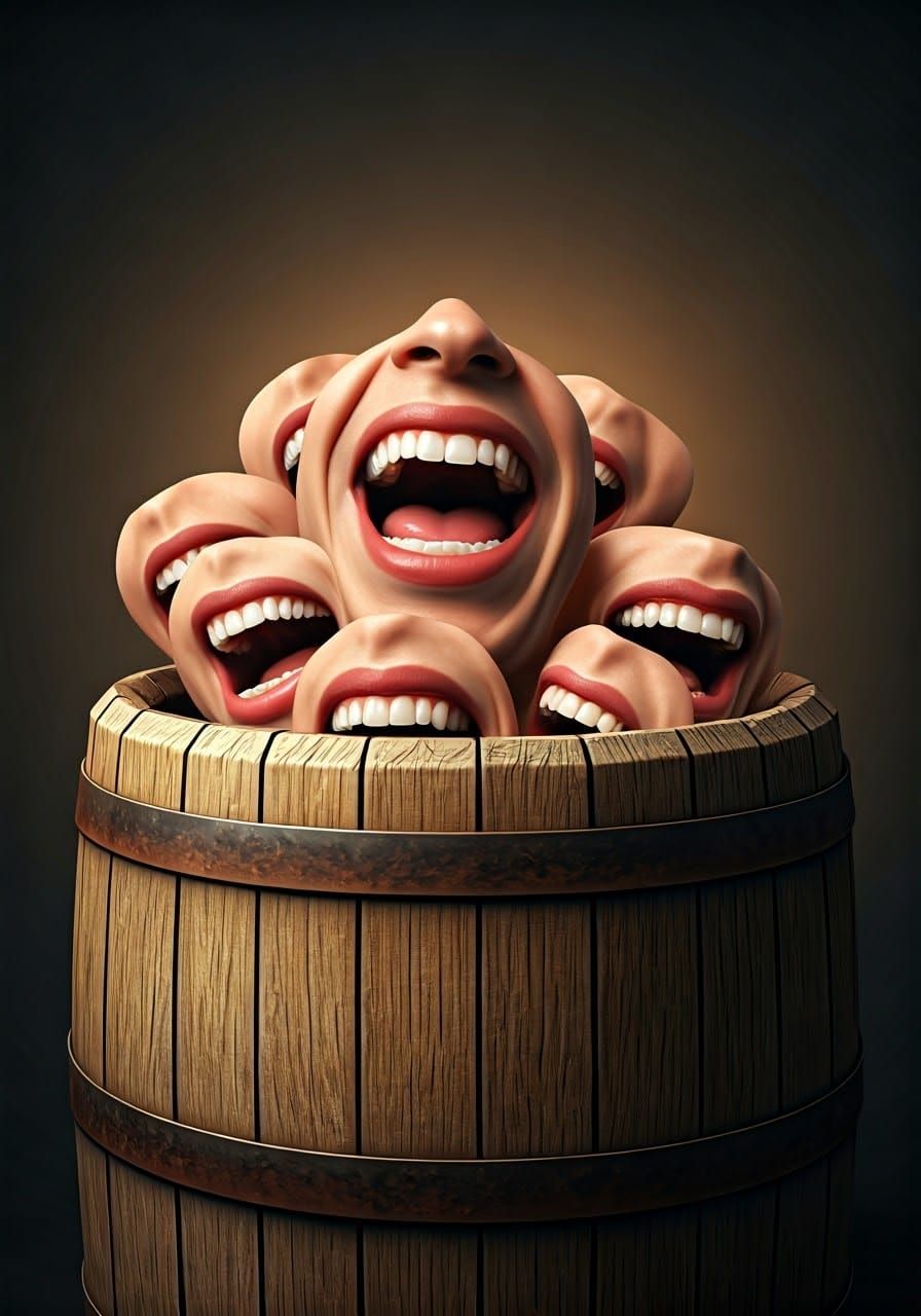 Hyperrealistic Barrel of Gleaming Laughing Mouths